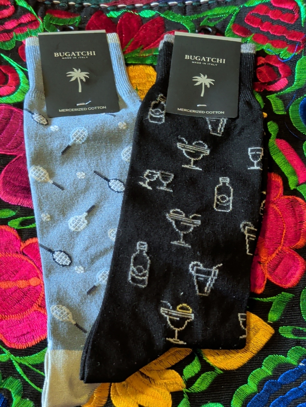 Bugatchi Cocktail & Racket Pattern Dress Socks in Black and Light Blue